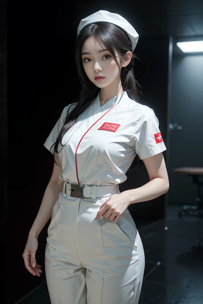 oriental young woman, black ducktail, upper body, face, facing camera, white short-sleeved Japanese nurse suit, white long pants, white nurse shoes, background is flat white wall, 8K, high detail, wide angle view, cinematic --no cap --no hat --no waist belt --no button --no waist band

photorealistic, ultra-detailed, 8K resolution, cinematic Dramatic composition, atmospheric --ar 16:9 --stylized 1000 --chaos 30 --V 5