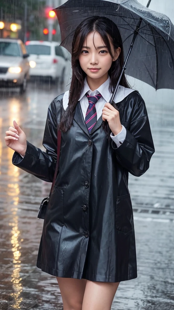 A woman, I don't have an umbrella, rain-soaked hair, rain-soaked face, rain-soaked clothes, messy hair, whole body wet with rain, (((school uniform))), 20 years old, beautiful, pretty face, cute face, rainy cityscape