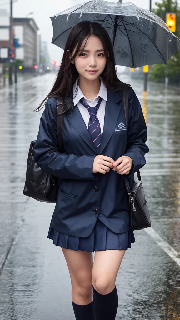 A woman, I don't have an umbrella, rain-soaked hair, rain-soaked face, rain-soaked clothes, messy hair, whole body wet with rain, (((school uniform))), 20 years old, beautiful, pretty face, cute face, rainy cityscape