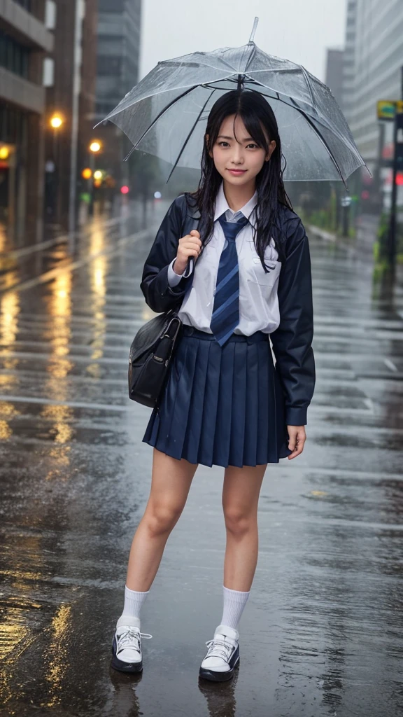 A woman, I don't have an umbrella, rain-soaked hair, rain-soaked face, rain-soaked clothes, messy hair, whole body wet with rain, (((school uniform))), 20 years old, beautiful, pretty face, cute face, rainy cityscape