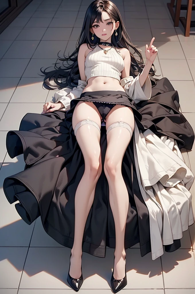 NSFW,(Natural finger shape:1.5),((Full Body Shot,Including face)),Standing position,4K,masterpiece,((Focus on the face)),((Symmetrical facial features)),Eye for detailed depiction,Beautiful woman,Excellent style,Beautiful feet,(Small Ass,Thin thighs),(Black Stockings:2,High heels),Facial detailing,Small earrings,necklace,Low angle photo,((Knitted sleeveless top,Long skirt)),Lying on the tiles,blue blonde,(Panty shot:1.5)