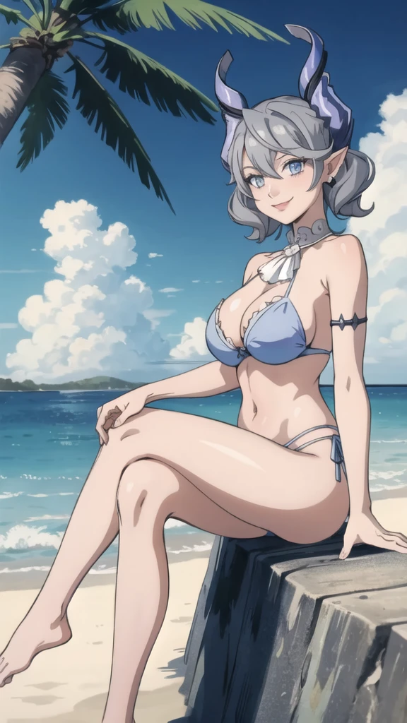 Beautiful arts wallpaper Sunset Outside castle top High level image quality best image quality 8K adult woman silver castle outside more colors whole body view portrait wearing pure blue bikini horn ears short hair((shortcut)(gray hair)(perm)(fluffy)) eye color is blue , , attractive evil face , smile , beach , labrynth , barefoot , teasing with her breast, , sitting with crossed legs , big waves , alot of palm trees