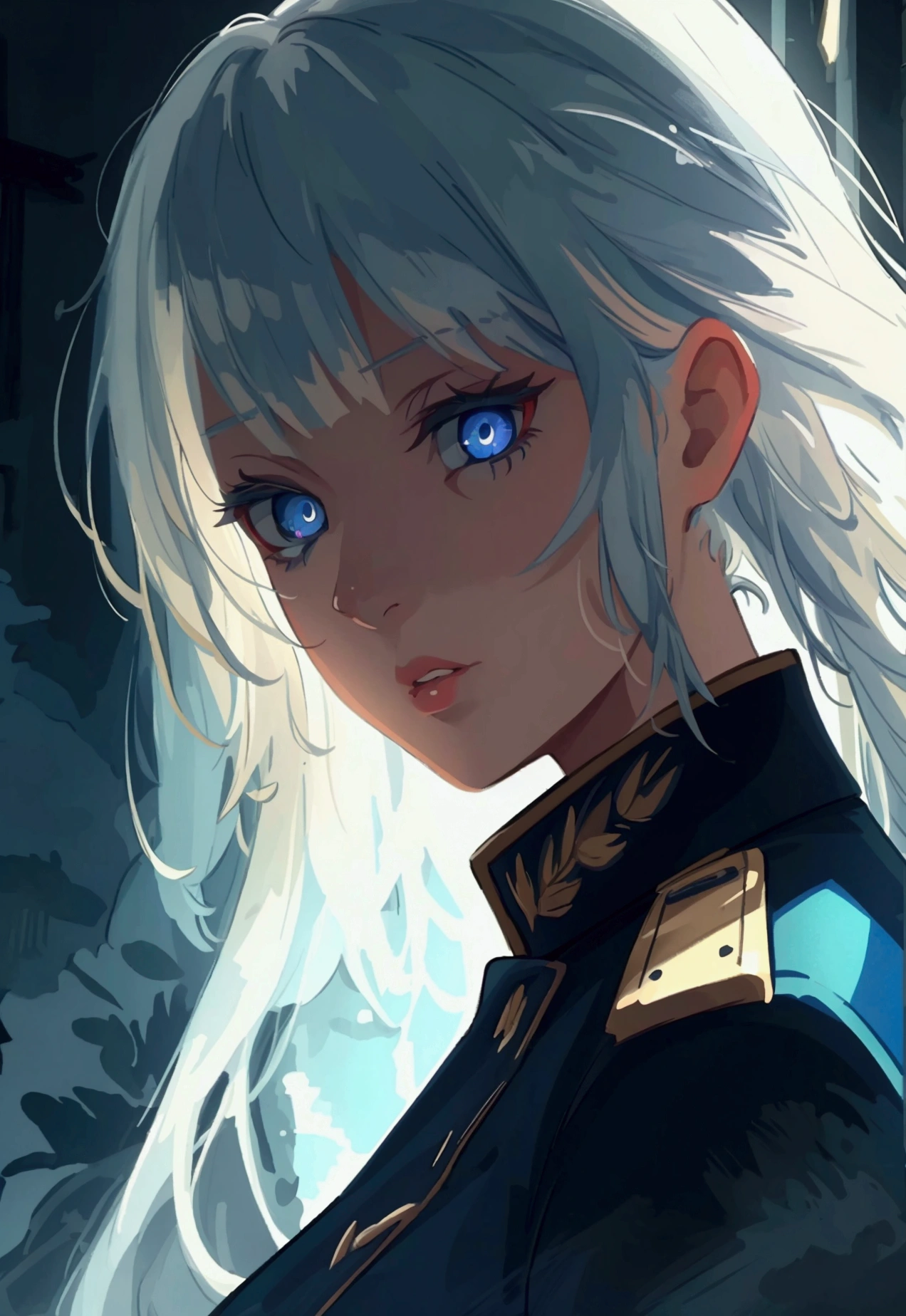 (best quality,4k,8k,highres,masterpiece:1.2),1girl,anime,military uniform,dark blue uniform,long white hair,white eyes,evil look,detailed face,detailed eyes,detailed lips,longeyelashes,digital art,cinematic lighting,dark moody atmosphere,dramatic shadows on three sides