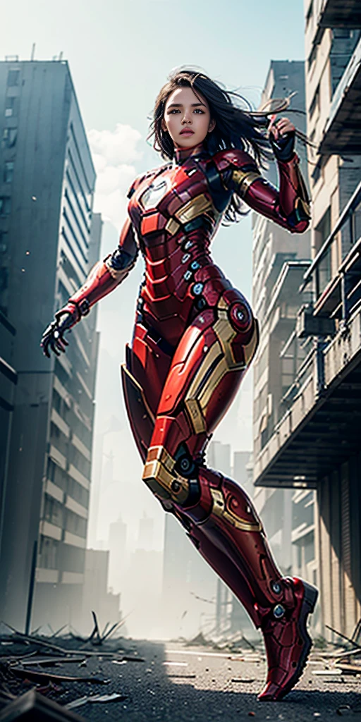 RAW, Masterpiece, Ultra Fine Photo,, Best Quality, Ultra High Resolution, Photorealistic, Sunlight, Full Body Portrait, Stunningly Beautiful,, Dynamic Poses, Delicate Face, Vibrant Eyes, (Side View) , she is wearing a futuristic Iron Man mech, red and gold color scheme, highly detailed abandoned warehouse background, detailed face, detailed and complex busy background, messy, gorgeous, milky white, high detailed skin, realistic skin details, visible pores , sharp focus, volumetric fog, 8k uhd, dslr camera, high quality, film grain, fair skin, photorealism, lomography, sprawling metropolis in futuristic dystopia, view from below, translucent