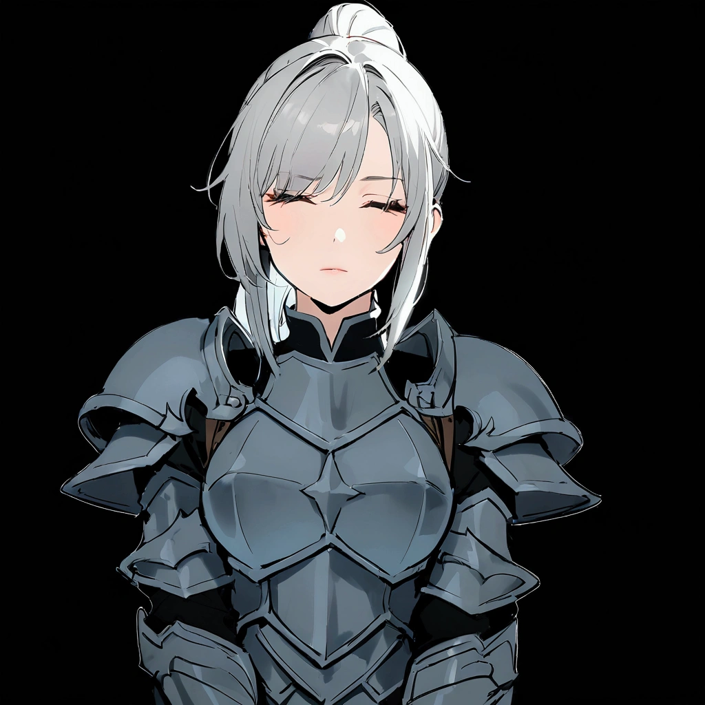 Beautiful girl knight in armor, Gray Hair, fantastic, Face your body forward like a certificate photo, shoot from front, Ponytail, Armor Girl, beautiful female knight, Female Paladin, upper body shot, drawing both arms, closed eyes