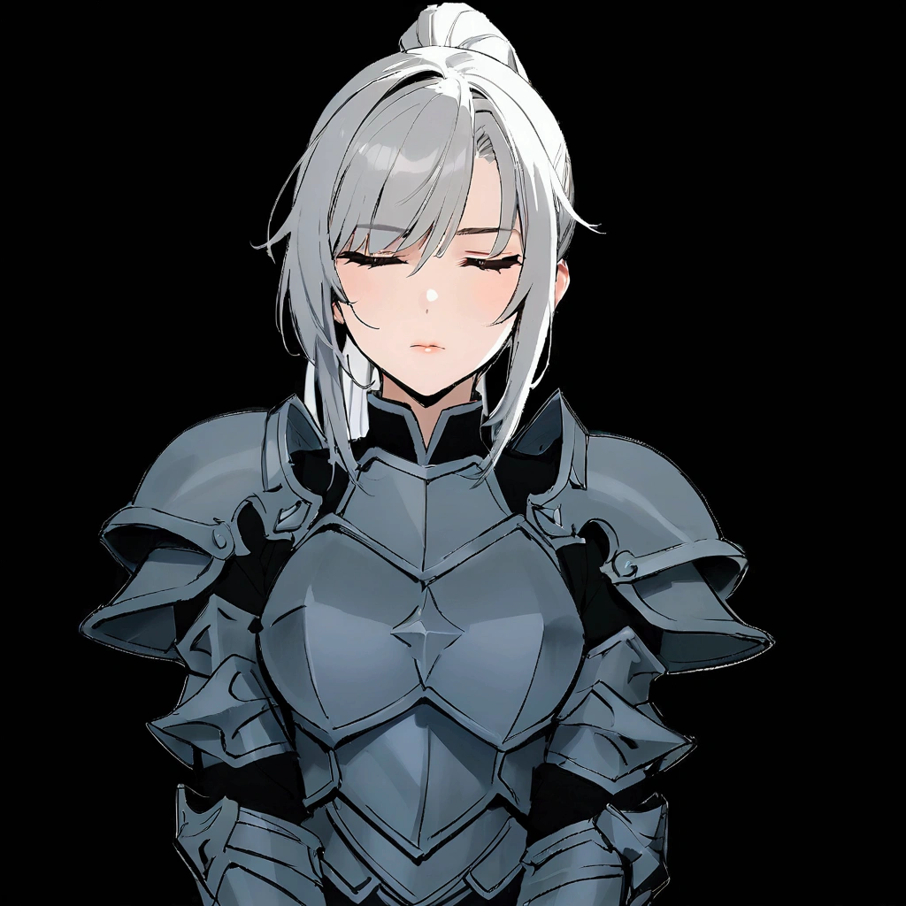 Beautiful girl knight in armor, Gray Hair, fantastic, Face your body forward like a certificate photo, shoot from front, Ponytail, Armor Girl, beautiful female knight, Female Paladin, upper body shot, drawing both arms, closed eyes