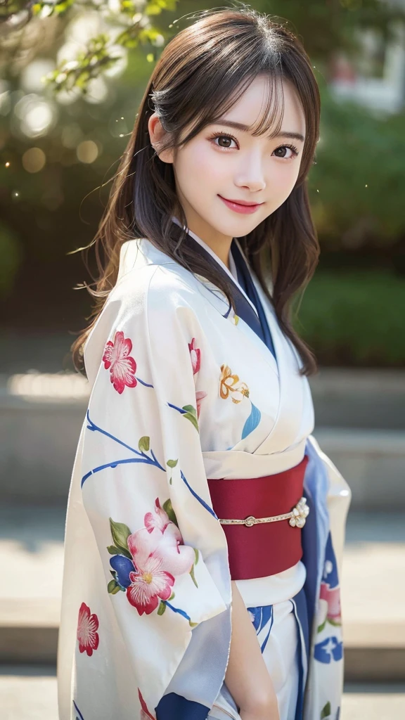 (kimono)、(highest quality、8k、High resolution、masterpiece:1.2)、Very detailed、(Realistic、photoRealistic、photo-Realistic:1.3)、Bokeh、Portraiture、Smile、(Detailed eyes、beautiful girl、Young face、Detailed face、No makeup)、Slightly backlit、Professional Lighting、Caustics