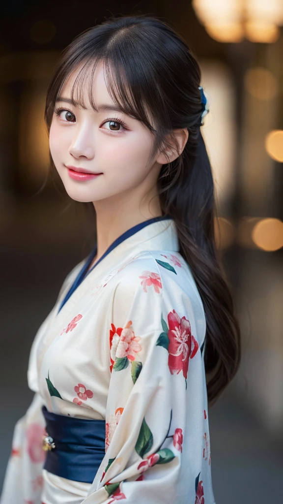 （kimono）、(highest quality、8k、High resolution、masterpiece:1.2)、Very detailed、(Realistic、photoRealistic、photo-Realistic:1.3)、Bokeh、Portraiture、Smile、(Detailed eyes、beautiful girl、Young face、Detailed face、No makeup)、Slightly backlit、Professional Lighting、Caustics