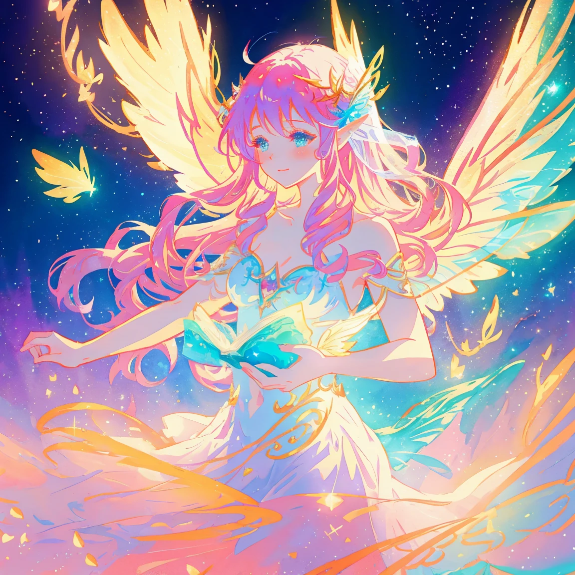 beautiful fairy girl, fairy queen, magical fantasia background, (glowing fairy wings), long wavy hair, sparkling fairy wings, watercolor illustration, inspired by Glen Keane, inspired by Lois van Baarle, disney art style, jen bartel, beautiful digital illustration, beautiful, masterpiece, best quality, anime disney style