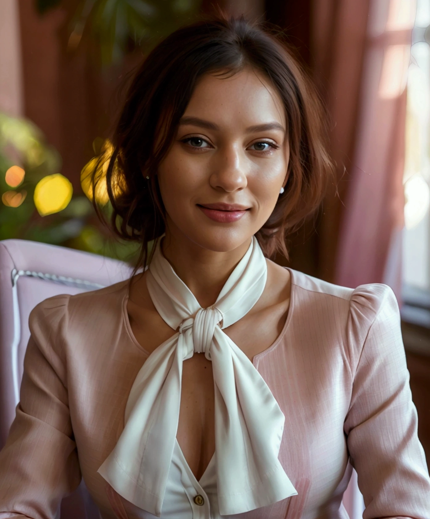 a beautiful slim and healthy woman with a happy expression, satisfied with your body, wearing high-waisted, high-rise tailoring pants in light pink, a white high-neck blouse tucked in at the neck, an elegant chanel style blazer in plain jacquard in dark pink, in a bright environment sitting on a chair posing for a photo , (best qualityer,4K,8K,high resolution,work of art:1.2),ultra detali,(realisitic,photorealisitic,photo-realisitic:1.37),hdr,ultra HD,natural lighting,ultra-fine painting,sharp focus,physically based rendering,extreme detailed description,proffesional,bright coloured,bokeh,portraits,fot