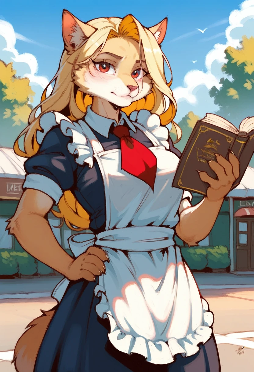 solo,masterpiece, 8k,best quality ,furry girl,8k,hdr,hires,high detail fur,
outdoors,servalcat,holding_book
perfect anatomy,blonde,long hair,look at looking at viewer,(white apron:1.1),red neckchief