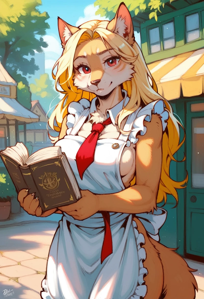 solo,masterpiece, 8k,best quality ,furry girl,8k,hdr,hires,high detail fur,
outdoors,servalcat,holding_book
perfect anatomy,blonde,long hair,look at looking at viewer,(white apron:1.1),red neckchief