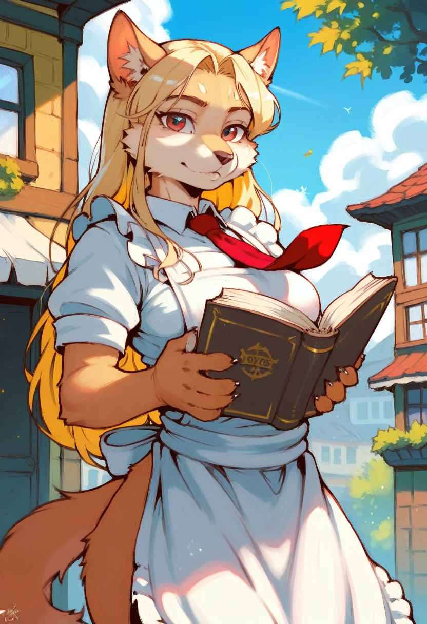 solo,masterpiece, 8k,best quality ,furry girl,8k,hdr,hires,high detail fur,
outdoors,servalcat,holding_book
perfect anatomy,blonde,long hair,look at looking at viewer,(white apron:1.1),red neckchief