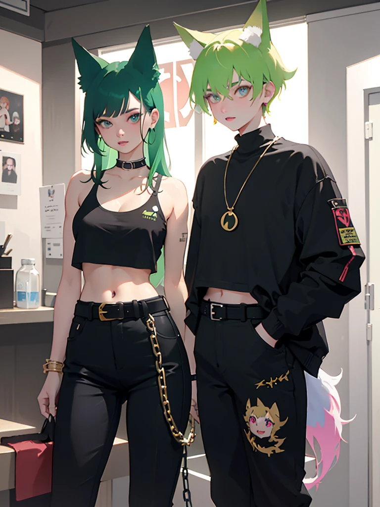 I had loose green hair. I had plump lips and bright blue eyes. I was wearing a black golf short with a cutout on the chest, and bell-bottom trousers with a belt. I was wearing black sneakers. And I also had visible ears and a tail like a fox’s. I had a chain with a small ruby, 3 gold bracelets on the right hand and a red bracelet on the left hand. I had 1 gold earring on 1 ear, and on the other it is black. height 185, big breasts, thin waist with flat stomach and big hips