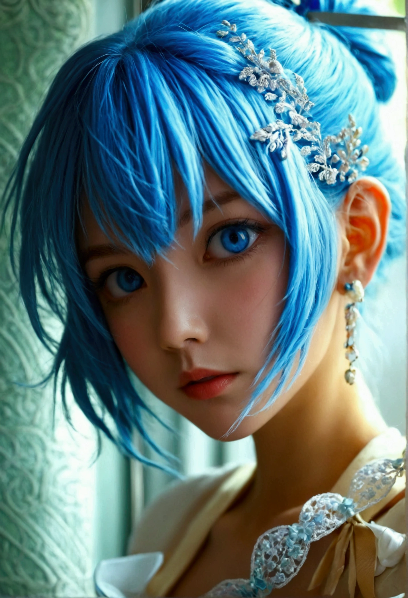 Light blue hair、Big blue ribbon hair ornament、Light blue eyes、Girl