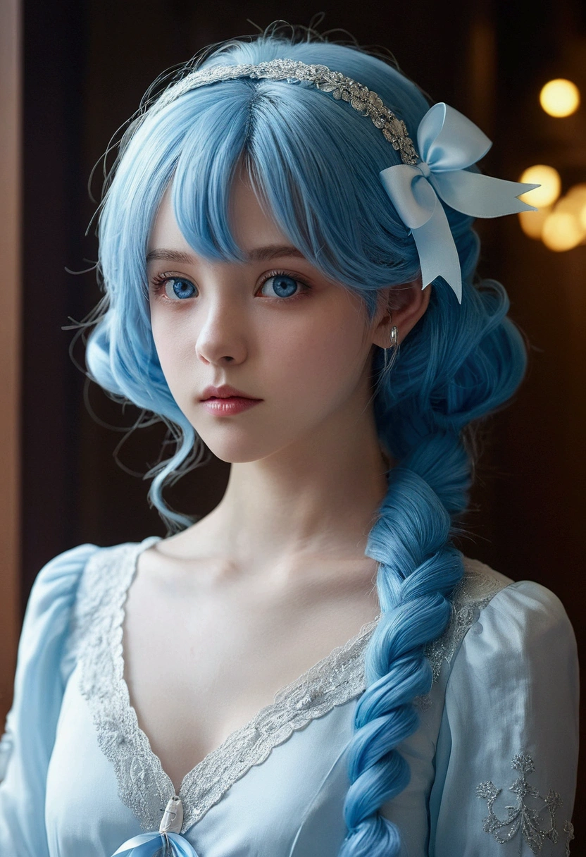 Light blue hair、Big blue ribbon hair ornament、Light blue eyes、Girl