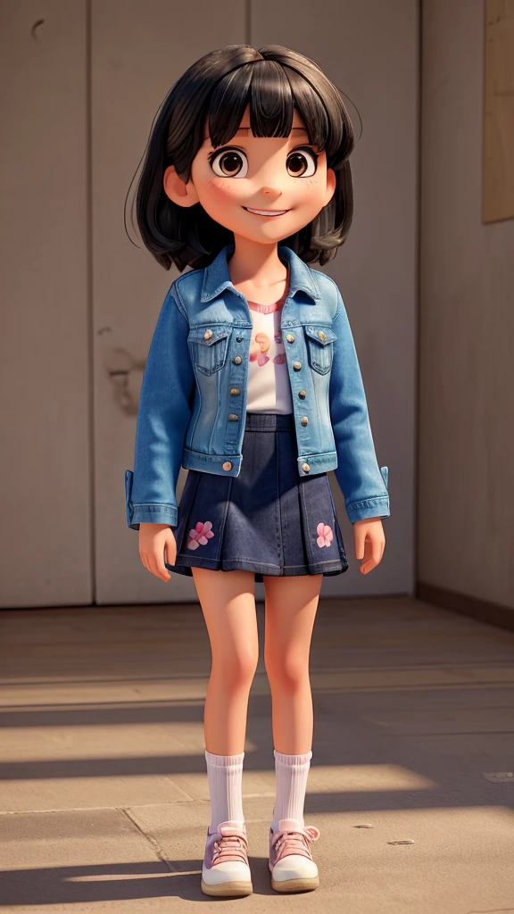 with a floral dress and a mini denim jacket, straight black hair with bangs, white skin,smile