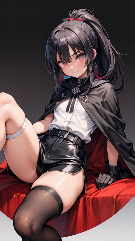 Adult features　tall　ponytail　Slit eyes　laugh at　Glare　frivolous attitude　Evil Face　White shirt　Black hot pants　Black long gloves　Black knee socks　One-sided cloak　grassland　Lift your chin　looking at the camera