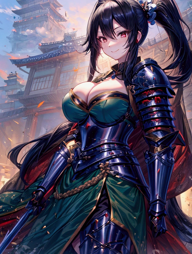 ((Princess Warrior) ((Saito Dosan)), (Female), (Saito Dosan Female) (Big Breasts) (Black Hair,) ((Right Side Ponytail)), (Armor) (Alluring Smile), ((Adult Woman))