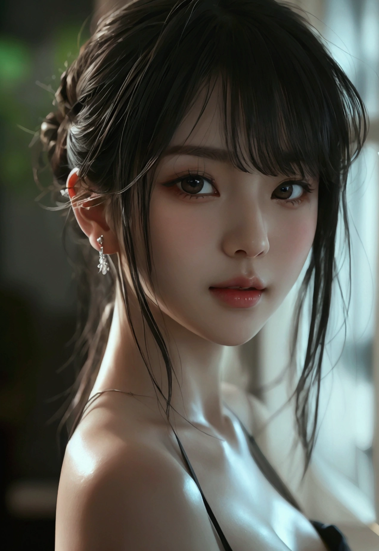 (SFW:1.8、masterpiece, highest quality), 1 Japanese girl, alone, Realistic, Looking at the audience, Light Black eyes:1.4, with highly detailed shiny hair, レパンガス:1.4), Mouth closed, Big Breasts eye、eyelash, Chest cleavage:2, (((Beautiful and cute bangs:2、Jet Black Hair:2, Add highlights to the eyes:1.4, big chest, Glowing Skin:1.4, Looking at the audience, She is very 美しい and cute, Show me your ears, Beautiful long neck, Please close your mouth and laugh, Ideal body type, Beautiful long neck:1.4, ((Transparency, clear, Transparent beauty, Gloss)), Perfect Anatomy, ((Portrait, Attractive woman)), 26 years old, Bun Hair, Medium Hair, Shiny Hair, longeyelashes, solid circle eyes, glossy lips, ear blush, ccurate, ((wear White color V-neck T-Shirt)), cheeks are red, anatom, ((wearing glasses)), ((Angle is From Side)), ((Posing is Sitting)), ((having a meal at a cafe)), ((expression is a smile)), Hyper realistic, anaglyph, stereogram, pov, atmospheric perspective