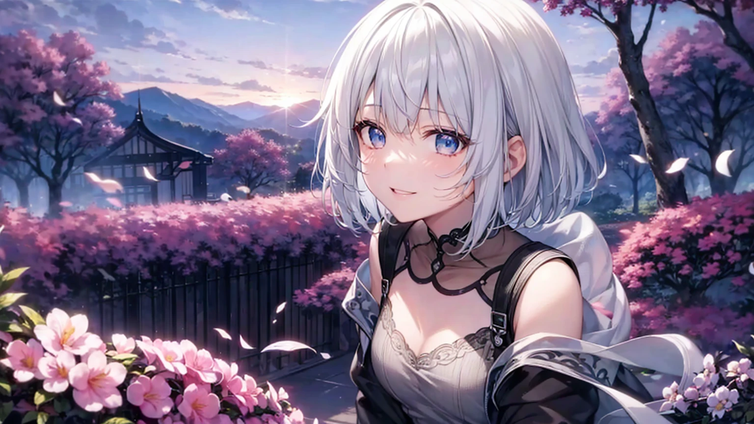 Ultra HD,Look at the viewers, Put your hands behind your back, With a girl, 20-year-old, 非常にShort Hair, Long bangs between the eyes, Pale blue eyes, Very detailed,(masterpiece、Highest quality),Gray Hair、Laughter、Fantastic, Silver Hair, Iris, Short hair、 Fluttering Hair、Small Face、明るいsmile、(Detailed face) ,Professional Lighting,Wonderful landscape,blue sky, sunlight,Looking down from above,Portraiture、Open your mouth、Flower Field、Her eyes were shining、Mysterious and enchanting atmosphere。With AI Painting、とてもShort Hair, Long bangs between the eyes, Very detailed,(masterpiece、Highest quality)、alone、Gray Hair、Fantasy, Silver Hair, Fantasyな風景、White shirt、smile、Open your mouth、short hair、Short Hair、hairpin、black eye、Grey Eyes、Beautiful Eyes、