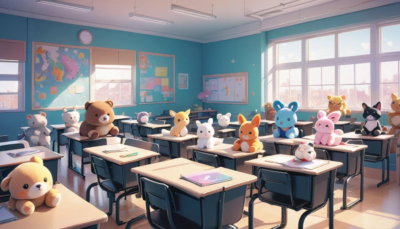 there are many stuffed animals sitting in a classroom with desks, classroom background, adorable digital painting, cute 3 d render, artwork in the style of guweiz, animation style render, typical anime classroom, kawaii hq render, childrens art in artstation, cute detailed digital art, highschool background, cute digital art, in the style of ross tran