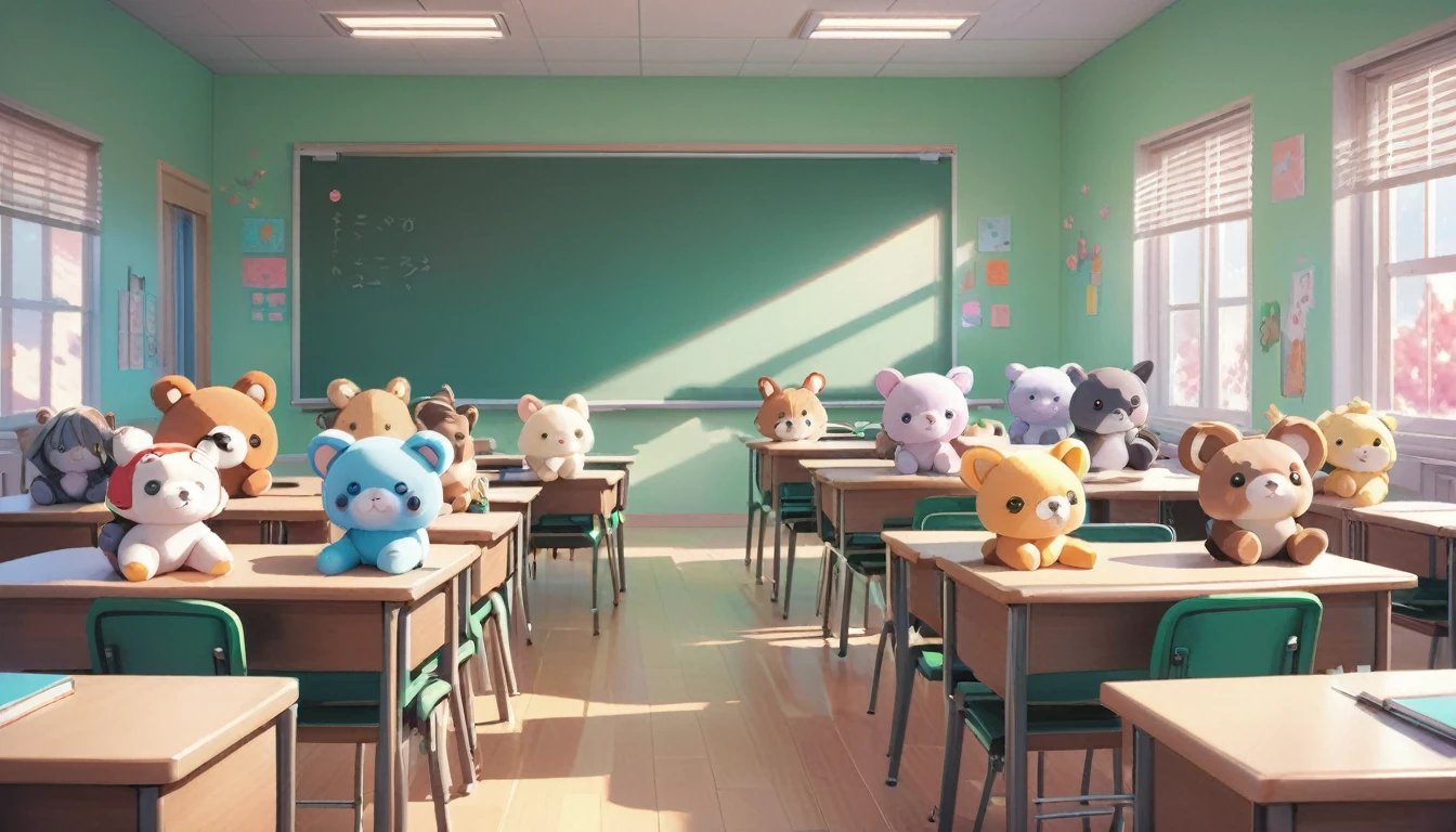 there are many stuffed animals sitting in a classroom with desks, classroom background, adorable digital painting, cute 3 d render, artwork in the style of guweiz, animation style render, typical anime classroom, kawaii hq render, childrens art in artstation, cute detailed digital art, highschool background, cute digital art, in the style of ross tran