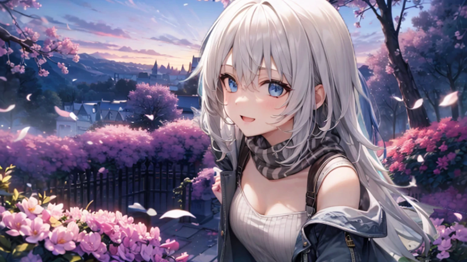 Ultra HD,Look at the viewers, Put your hands behind your back, With a girl, 20-year-old, 非常にShort Hair, Long bangs between the eyes, Pale blue eyes,  Very detailed,(masterpiece、Highest quality),Gray Hair、Laughter、Fantastic, Silver Hair, Iris,  Short hair、 Fluttering Hair、Small Face、明るいsmile、(Detailed face) ,Professional Lighting,Wonderful landscape,blue sky, sunlight,Looking down from above,Portraiture、Open your mouth、Flower Field、Her eyes were shining、Mysterious and enchanting atmosphere。With AI Painting、とてもShort Hair, Long bangs between the eyes, Very detailed,(masterpiece、Highest quality)、alone、Gray Hair、Fantasy, Silver Hair, Fantasyな風景、White shirt、smile、Open your mouth、short hair、Short Hair、hairpin、black eye、Grey Eyes、Beautiful Eyes、