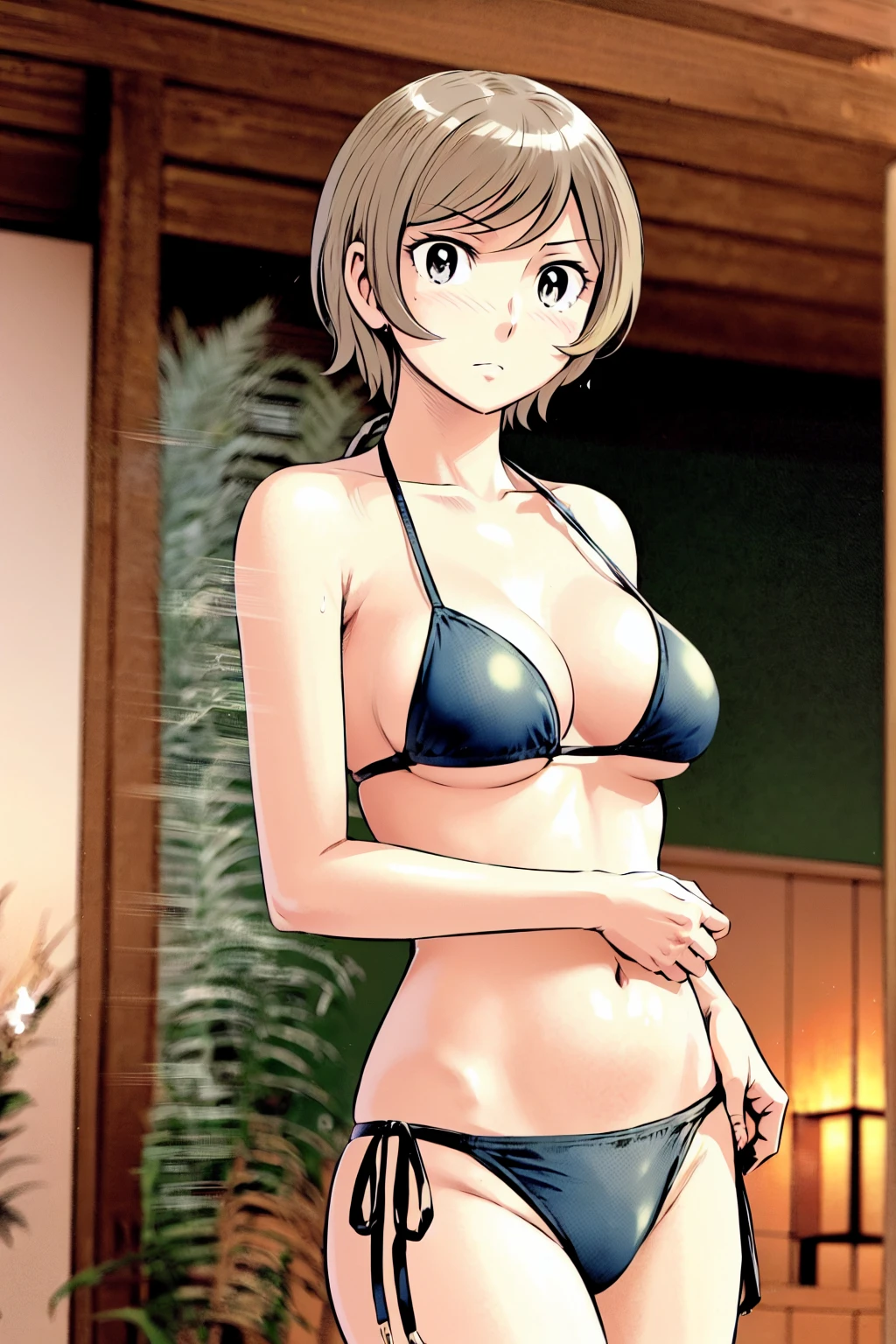 (slingshot bikini:1.2),
Blonde, (short hair:1.2),Illustration of a person、
View your viewers,, (Highest quality:1.3),One Girl, beach、Outdoor、 ground、ground、soil、blue eyeicro Bikini、(masterpiece、Highest quality)、Highest quality, Ultra-high resolution, (((masterpiece))), alone, Large breasts、One Girl, Front view、Embarrassed face、Bronze colored hair、((short hair))、Stand up straight、Cowboy Shot