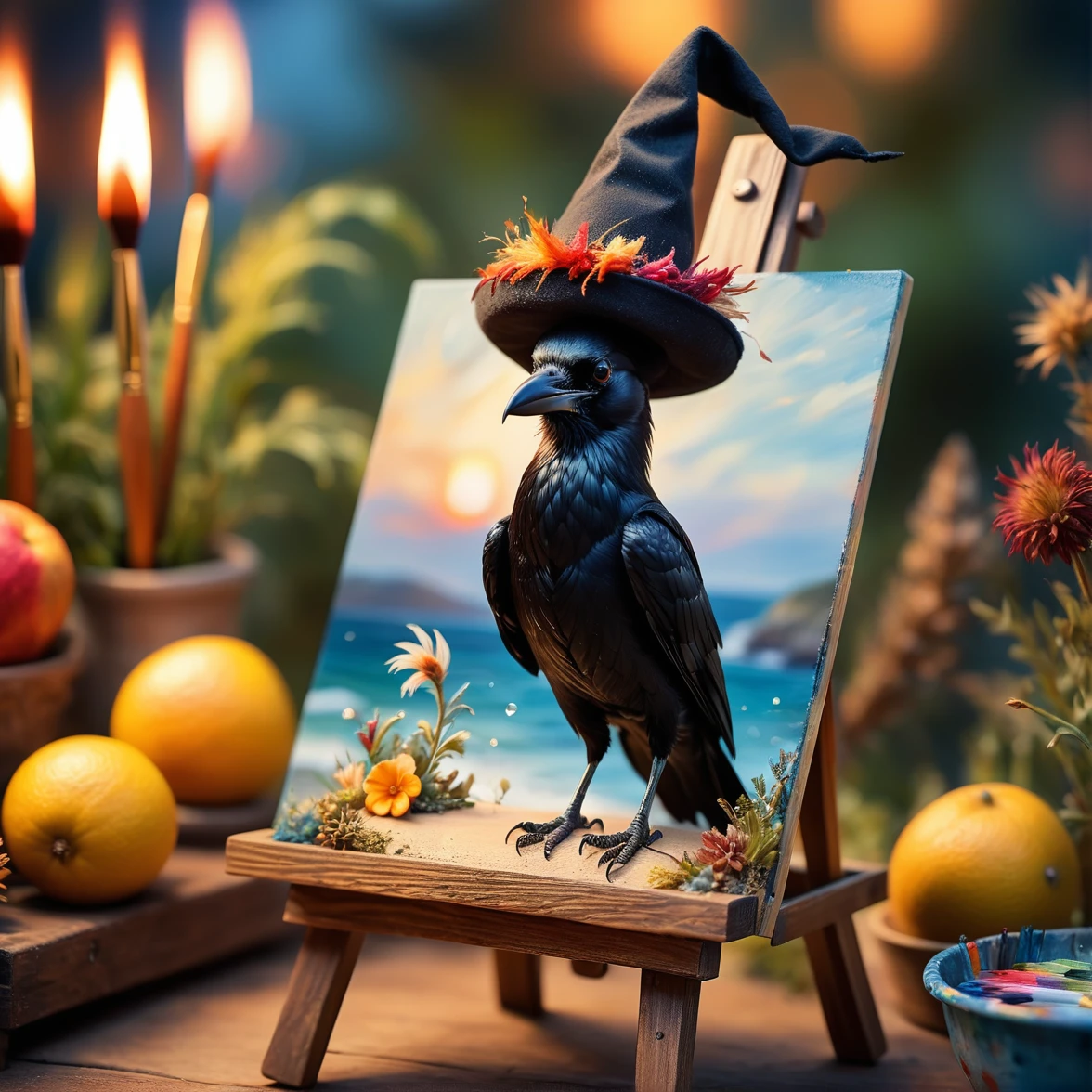 a tilt-shift photo, Selective focus, miniature effect, highy detailed, Ablaze, perspective control, an image with a natural slant (Whimsically artistic), enchanting additional fluffy, Cute crow wearing a hat, ((He paints a still life on an easel, brushes, seascape)), magical, macro photography, (enchanting:1.3), (luminous: 1.2), (huge flora: 1.1), Mystic, vivid photography, flickering light, preoccupied, bizarro, disturbing, softfocus, overdetailed digital art