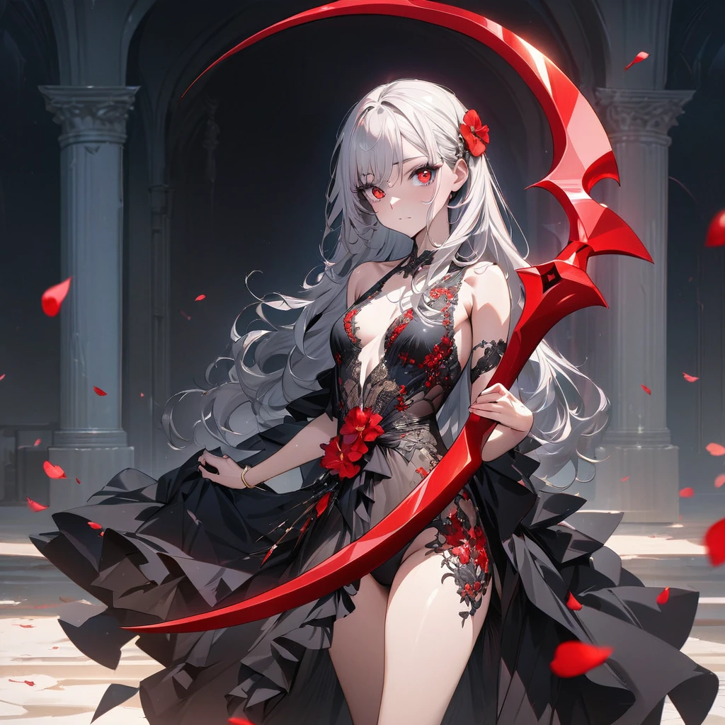 one beautiful Germans girl's Grim Reaper,teenagers,wearing Swim suit,She's standing with a scythe,Look in here,luxury,The petals of red equinoctial flowers dance,(((masterpiece))), (((best quality))), ((ultra-detailed)), (illustration), (detailed light),((an extremely delicate and beautiful)),(beautiful detailed eyes),red eyes