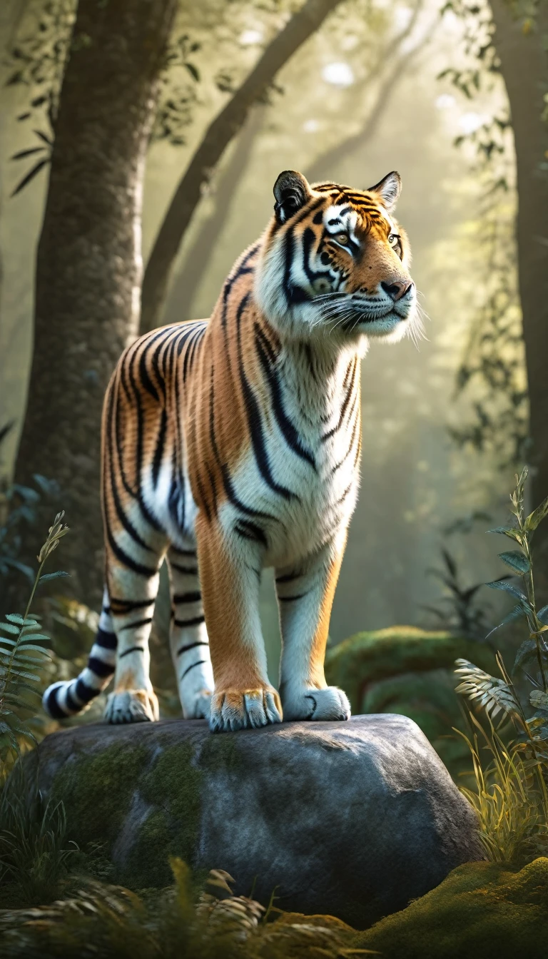 Side View,There is a wild beast standing on a stone in the forest,The body of a tiger,The tail of the cow(best quality,4K,8K,High level,masterpiece:1.2),Ultra Detailed,(lifelike,Photo real,Photo real:1.37),Highly detailed animals,Complex patterns,Realistic lighting,Fantasy Creatures