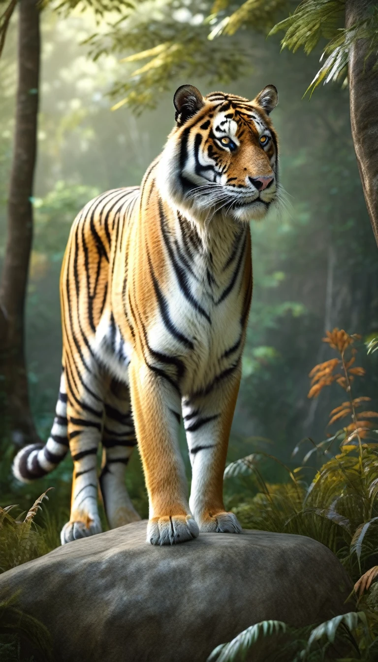 Side View,There is a wild beast standing on a stone in the forest,The body of a tiger,The tail of the cow(best quality,4K,8K,High level,masterpiece:1.2),Ultra Detailed,(lifelike,Photo real,Photo real:1.37),Highly detailed animals,Complex patterns,Realistic lighting,Fantasy Creatures
