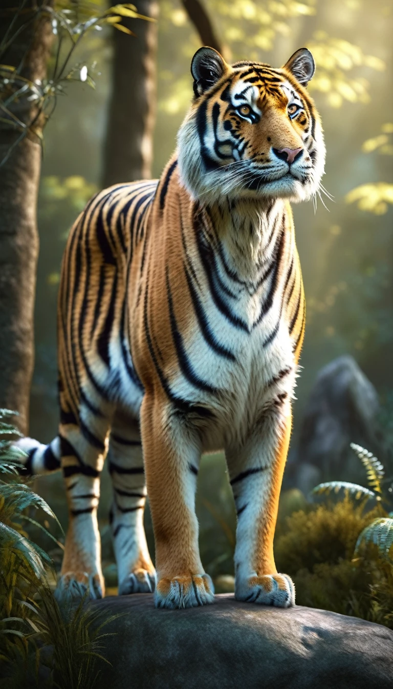 Side View,There is a wild beast standing on a stone in the forest,The body of a tiger,The tail of the cow(best quality,4K,8K,High level,masterpiece:1.2),Ultra Detailed,(lifelike,Photo real,Photo real:1.37),Highly detailed animals,Complex patterns,Realistic lighting,Fantasy Creatures
