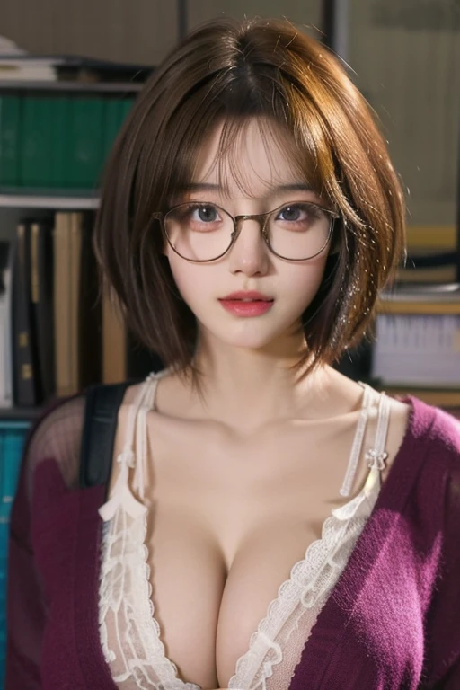 ((Highest quality)), ((masterpiece)), (detailed), One girl, 30 years old, sexy, Beauty, Ultra short hair, Brown Hair, Glasses, 
 office, Super big breasts, suit,  Accentuate the cleavage