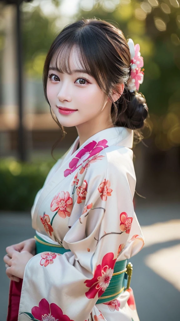 （kimono）、(highest quality、8k、High resolution、masterpiece:1.2)、Very detailed、(Realistic、photoRealistic、photo-Realistic:1.3)、Bokeh、Portraiture、Smile、(Detailed eyes、beautiful girl、Young face、Detailed face、No makeup)、Slightly backlit、Professional Lighting、Caustics