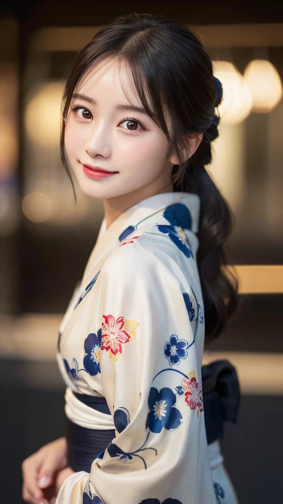 (kimono)、(highest quality、8k、High resolution、masterpiece:1.2)、Very detailed、(Realistic、photoRealistic、photo-Realistic:1.3)、Bokeh、Portraiture、Smile、(Detailed eyes、beautiful girl、Young face、Detailed face、No makeup)、Slightly backlit、Professional Lighting、Caustics