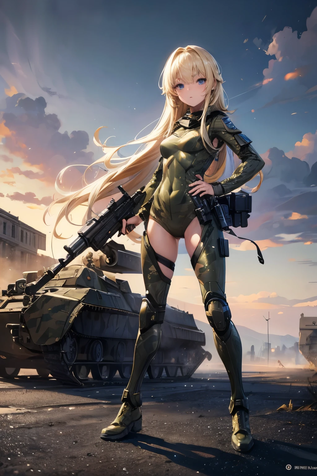 masterpiece,Highest quality,Very detailed,beautiful girl, teenager,Long blonde hair,Beautiful and detailed eyes,skinny,Small breasts, full body,Dynamic,Camouflage combat suit,gun,battlefield