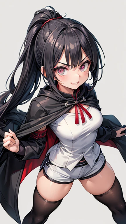 Adult features　tall　ponytail　Slit eyes　laugh at　Glare　frivolous attitude　Evil Face　White shirt　Black hot pants　Black long gloves　Black knee socks　One-sided cloak　grassland　Look Up　looking at the camera