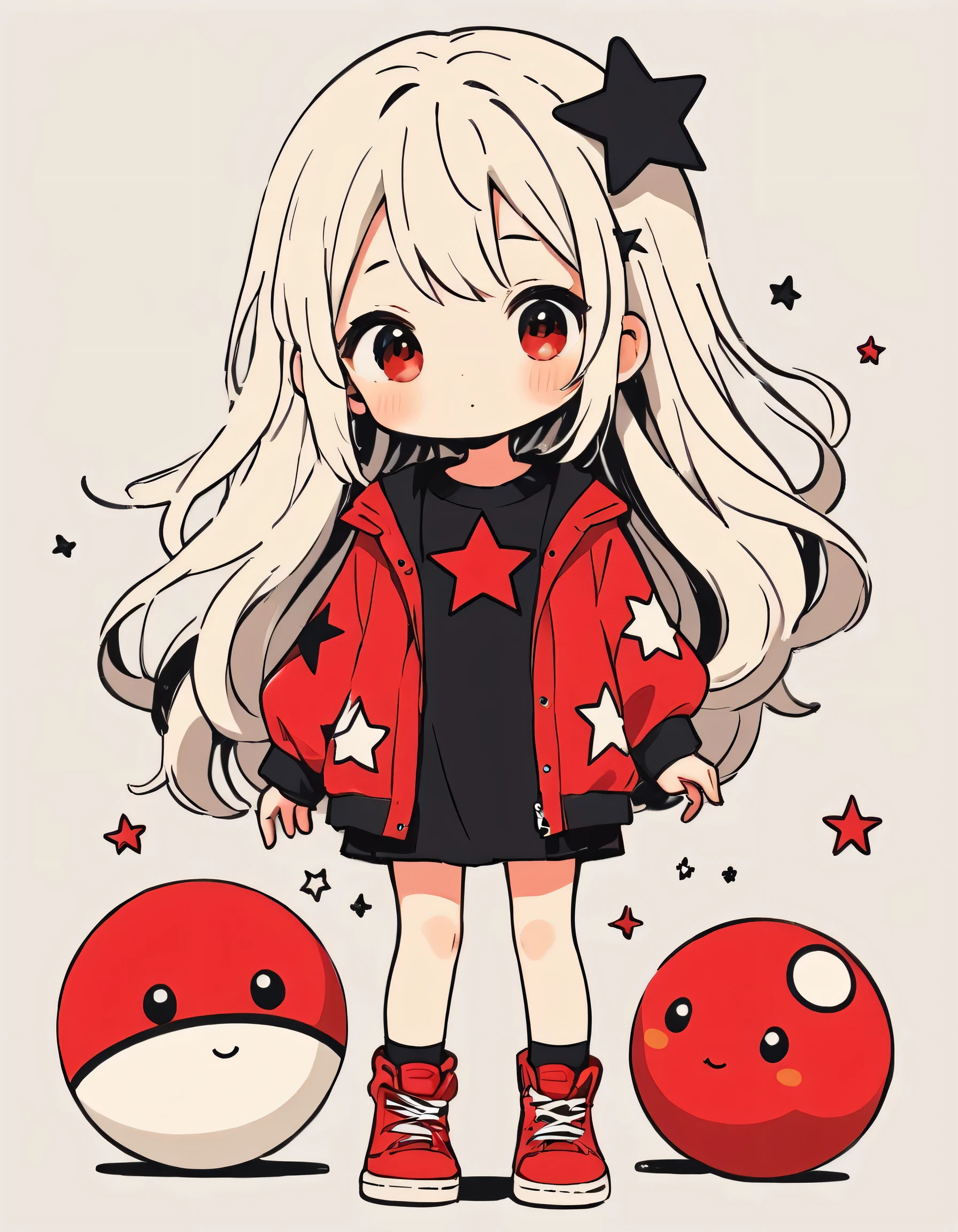 Black Star Red and White style, Simple Line Initialism,Abstract art,Kawaii Design, The most beautiful girl of all time、chibi, Colorful and cute balls