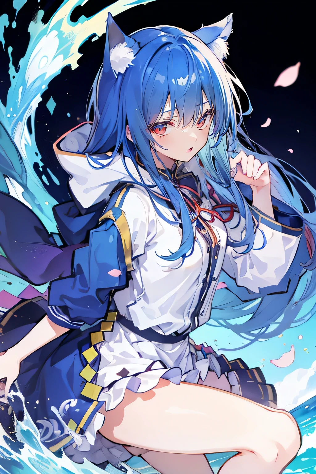 （masterpiece：1.2），Super detailed，lifelike，Expressive eyes，fair skin，perfect face shape，1 girl，
Japanese comics,Gorgeous blue hair,flowing blue hair,flowing clothes,Cat ears,Petals fall,beautiful lola,Baby Angel,
Shaking head with one hand，Cross your legs，Gentle and peaceful background，,smile, wearing hoodie, Clear sky，seaside，Clear blue sky，Clear World。