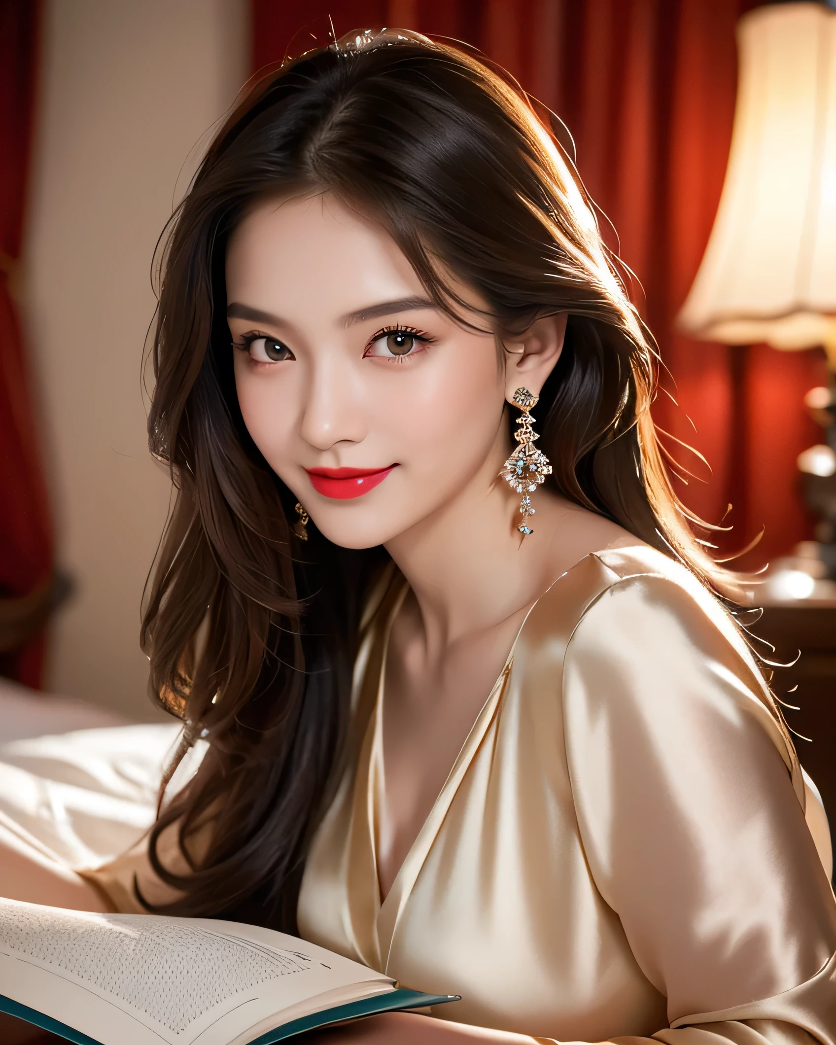 Ultra HD resolution,artistic photos,Professional candid Photography,((21 year very sexy girl, earrings, long brunette hair, cold ultra realistic skin, wearing night silk blouse)), on bed, reading a book, in a room at night, smiling at viewer, natural red lips, attention to detail