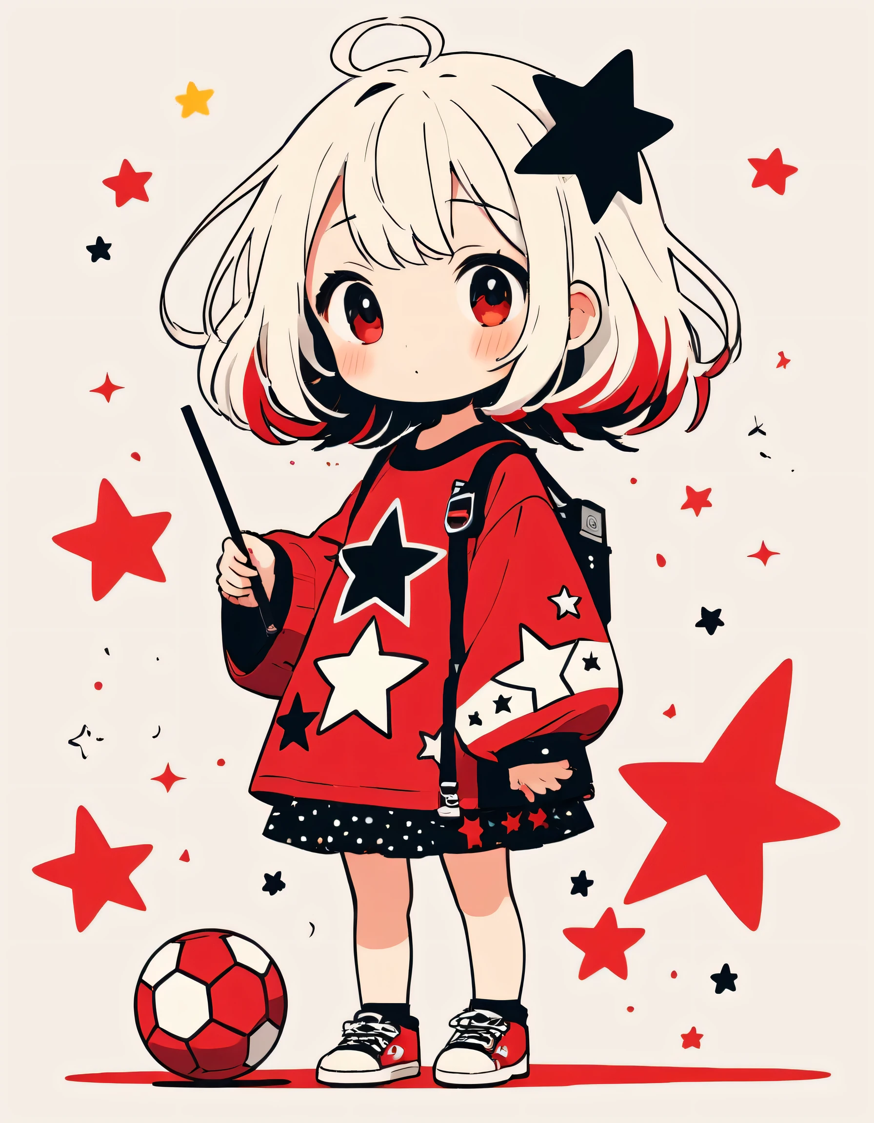 Black Star Red and White style, Simple Line Initialism,Abstract art,Kawaii Design, The most beautiful girl of all time、chibi, Colorful and cute balls