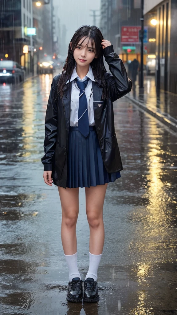 A woman, rain-soaked hair, rain-soaked face, rain-soaked clothes, messy hair, whole body wet with rain, (((school uniform))), 20 years old, beautiful, pretty face, cute face, rainy cityscape
