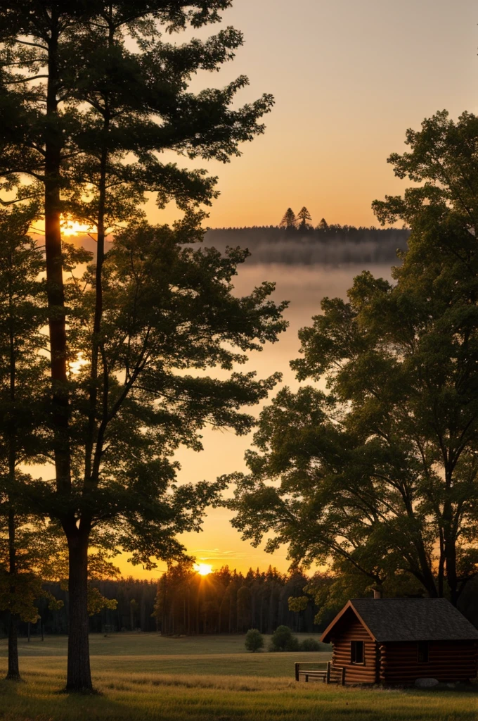 Landscape with large trees at sunset and a cabin in the distance