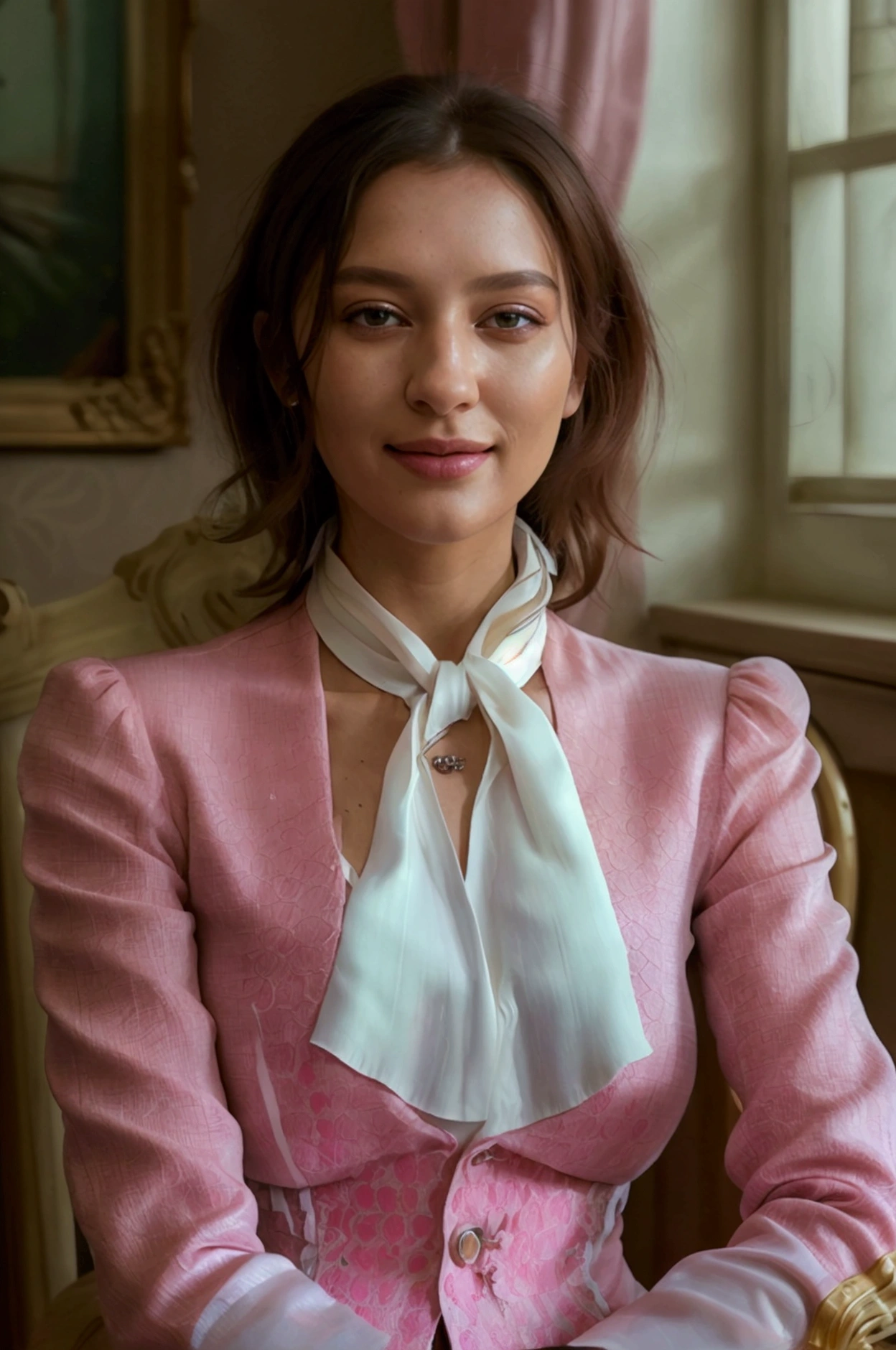 a beautiful slim and healthy woman with a happy expression, satisfied with your body, wearing high-waisted, high-rise tailoring pants in light pink, a white high-neck blouse tucked in at the neck, an elegant chanel style blazer in plain jacquard in dark pink, in a bright environment sitting on a chair posing for a photo , (best qualityer,4K,8K,high resolution,work of art:1.2),ultra detali,(realisitic,photorealisitic,photo-realisitic:1.37),hdr,ultra HD,natural lighting,ultra-fine painting,sharp focus,physically based rendering,extreme detailed description,proffesional,bright coloured,bokeh,portraits,fot