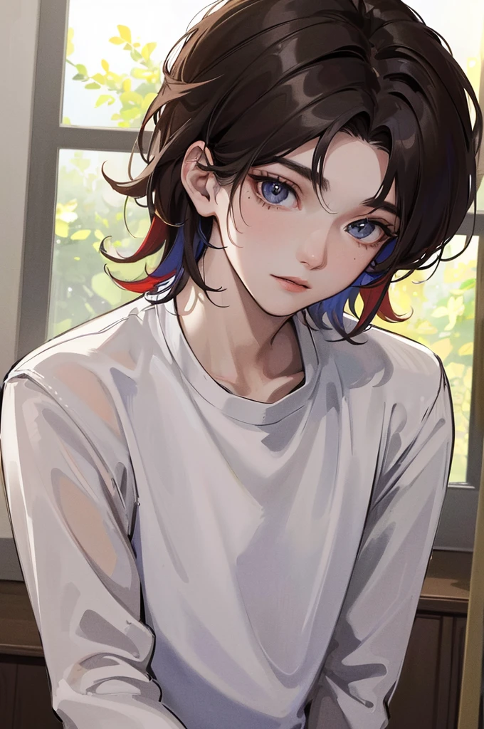 (best quality,4k,8k,highres,masterpiece:1.2),ultra-detailed, (looking at viewer) a young man in casual clothing, 22 years old, indoors next to window, dynamic lighting, detailed, splash colors, close up