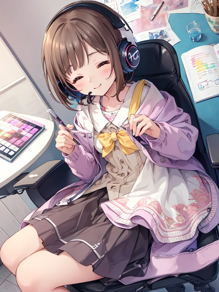 (Highest quality)、(masterpiece:1.2)、(colorful:0.9)、(Color Scattering)、(Watercolor)、Glasses、Sharp focus shots, High resolution, (Anime Style:1.1), ) ((Highest quality)), (Very detailed), (beautiful), alone, beautiful face、12 years old、(Sitting on a chair in the room、He is wearing headphones and listening to music with his eyes closed, looking happy.、Detailed drawing of a cute girl:1.3)、Cute clothes、(Brown Hair:1.2),colorful eyes,dramatic,、(mini skirt)、Esbian all over、pastel colour、Move your body to the rhythm