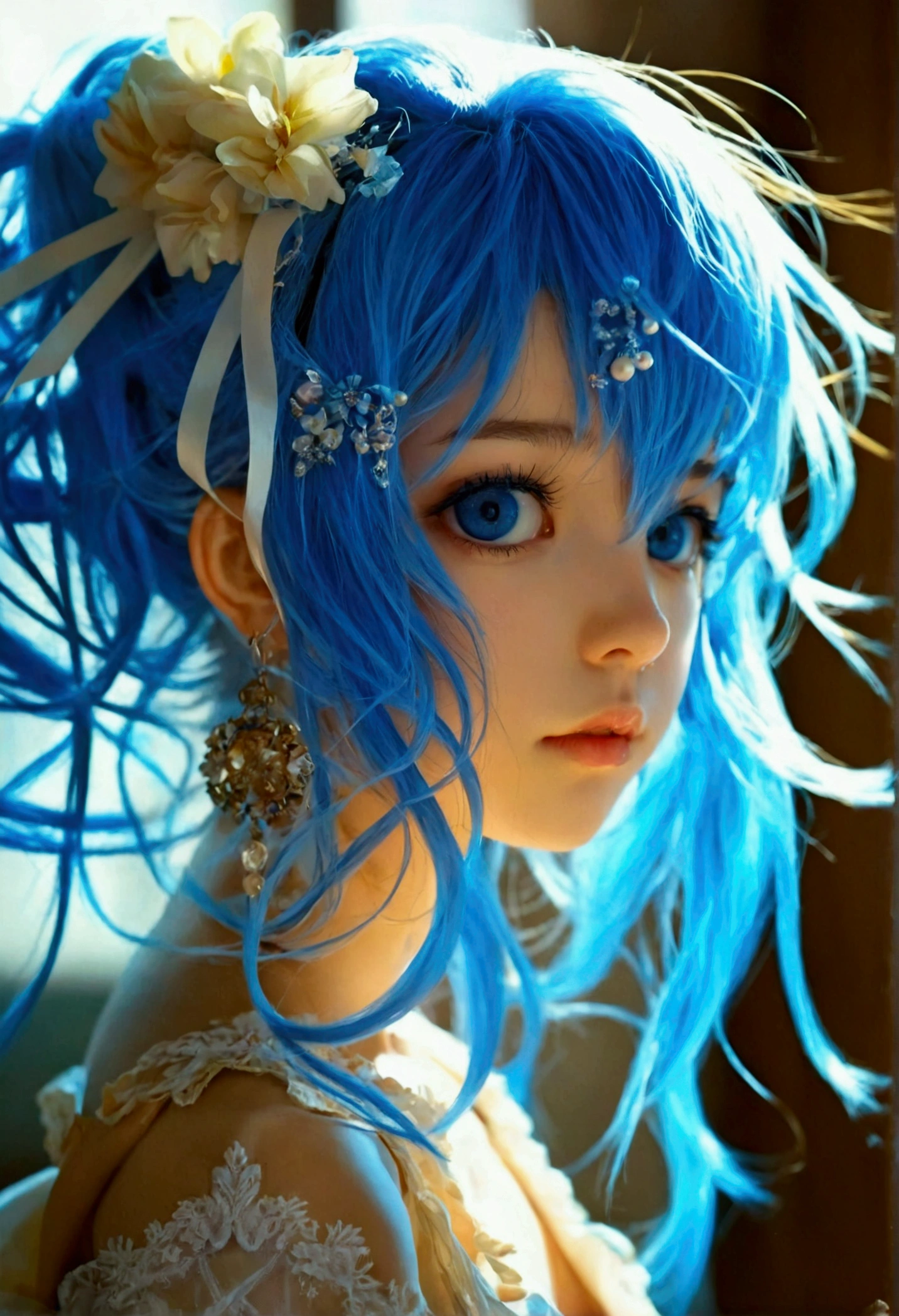 Light blue hair、Big blue ribbon hair ornament、Light blue eyes、anime、Girl