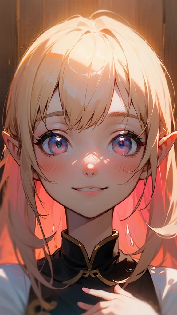 Portrait of one person、Anime style painting、3 year old girl、Cream hair、Strawberry Eyes、smile, impression, (Oil), White and pink tones、Zelda Style、